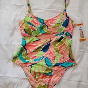 Hurley Pink Coral Green Blue Tropical Print One-Piece Swimsuit Size XXL